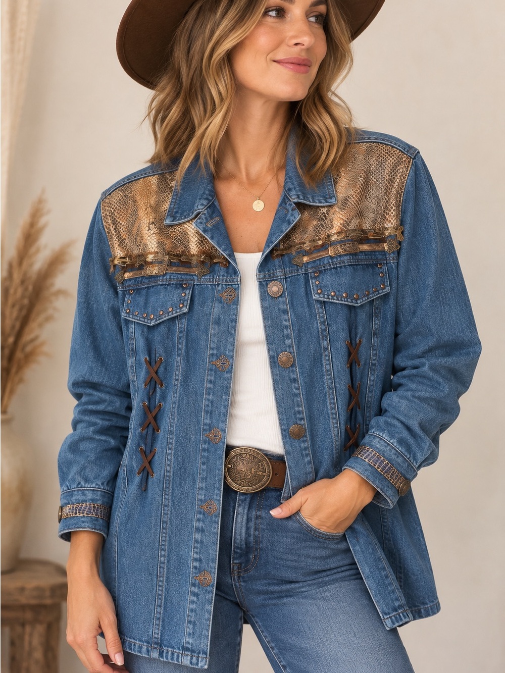 Vintage Nancy Bolen Denim Western Boho Feather Snakeskin Studded Jacket